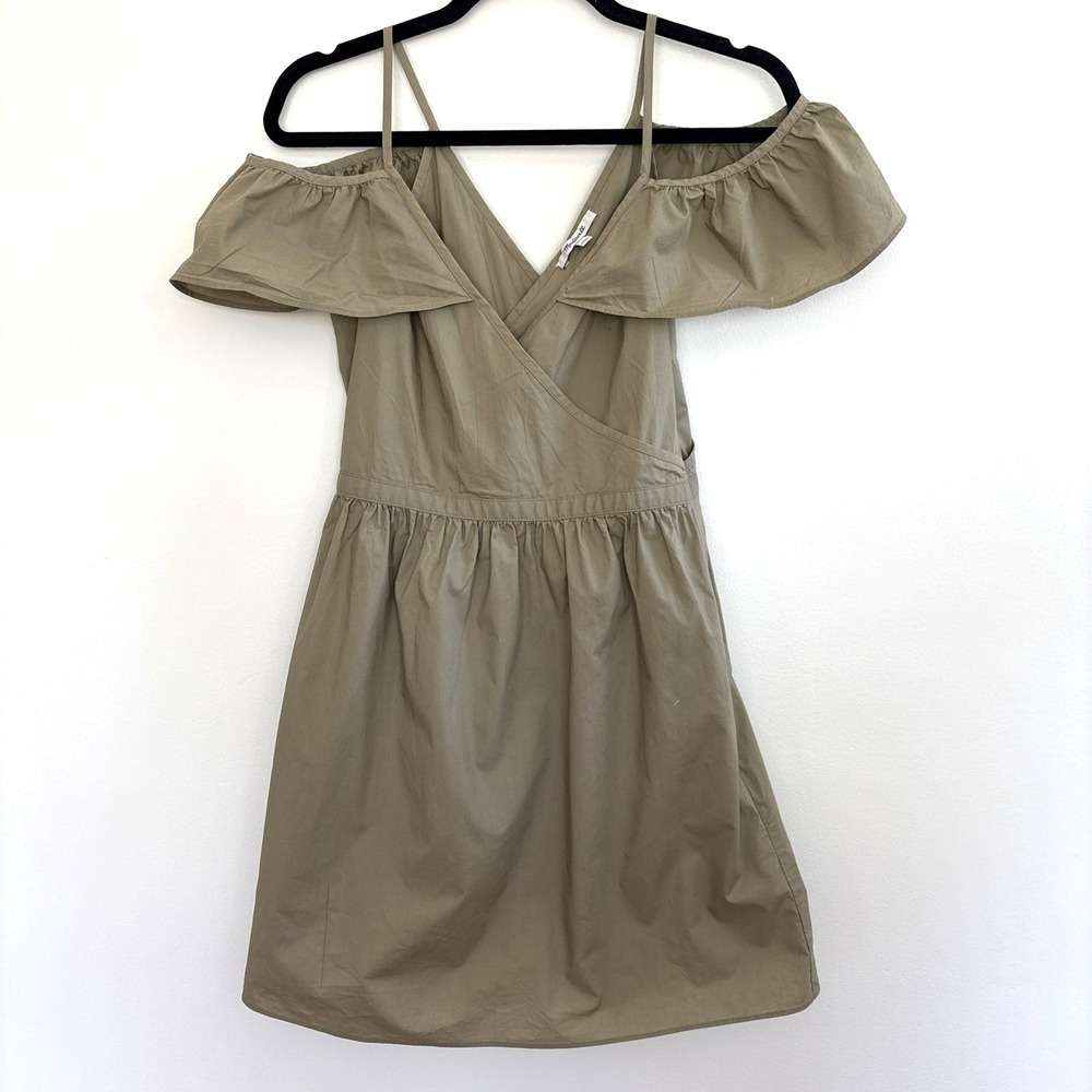Madewell Dress Womens 2 Green Cotton Cold Shoulder Ruffle Mini G7782 Khaki Olive